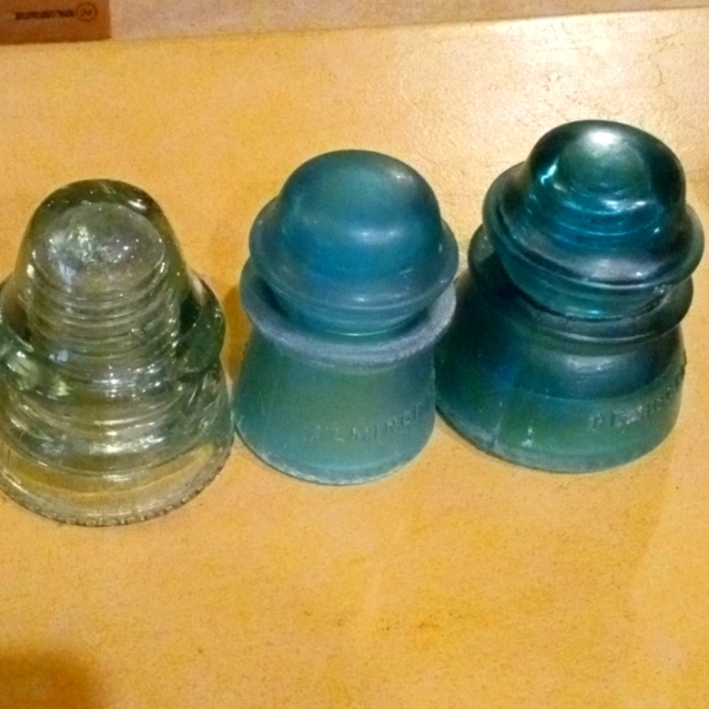 1920-1940 9 blue & clear glass insulator with 3 original wooden pins. Made in US